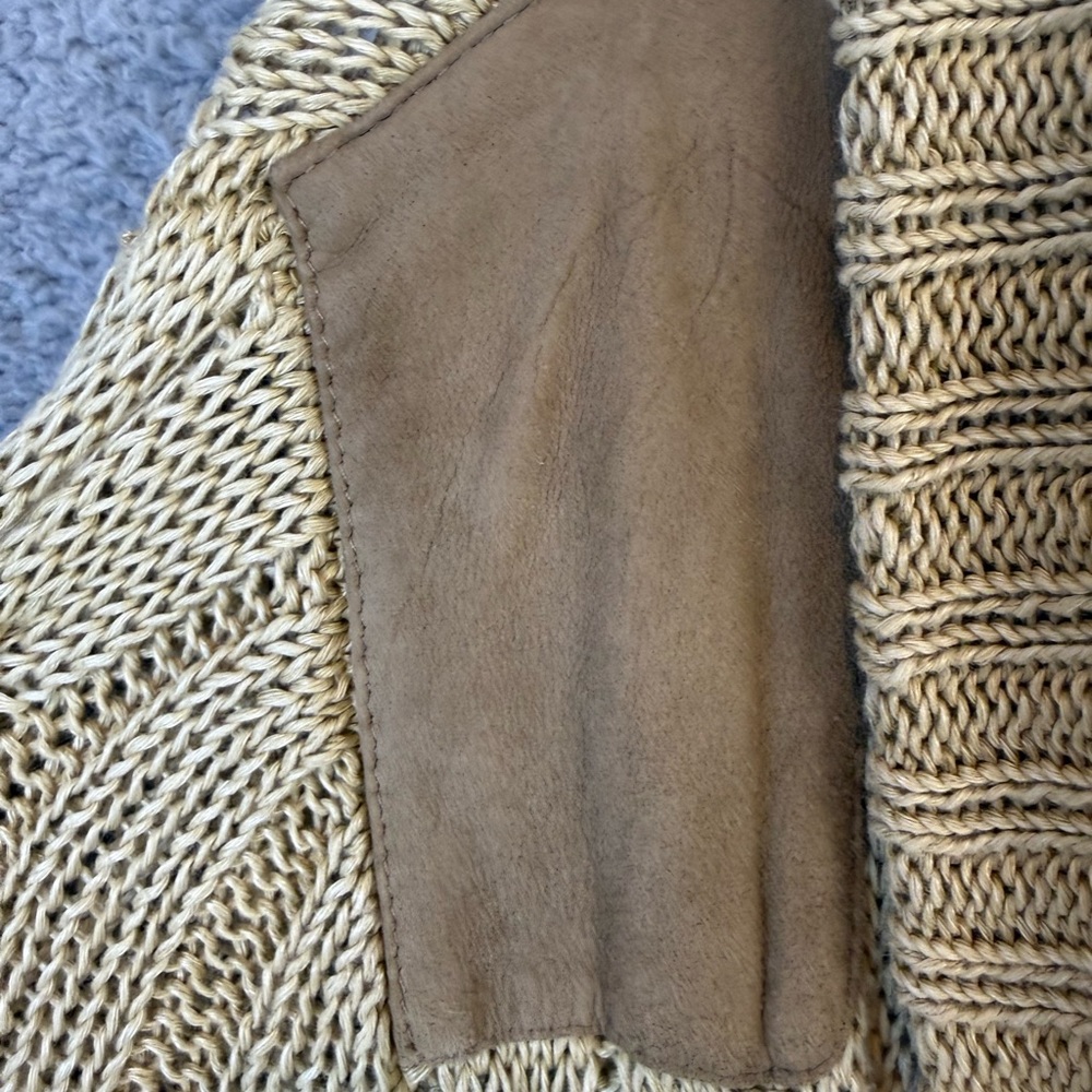 Ralph Lauren Women's Beige Cable Knit linen and suede equestrian Cardigan - Picture 6 of 9